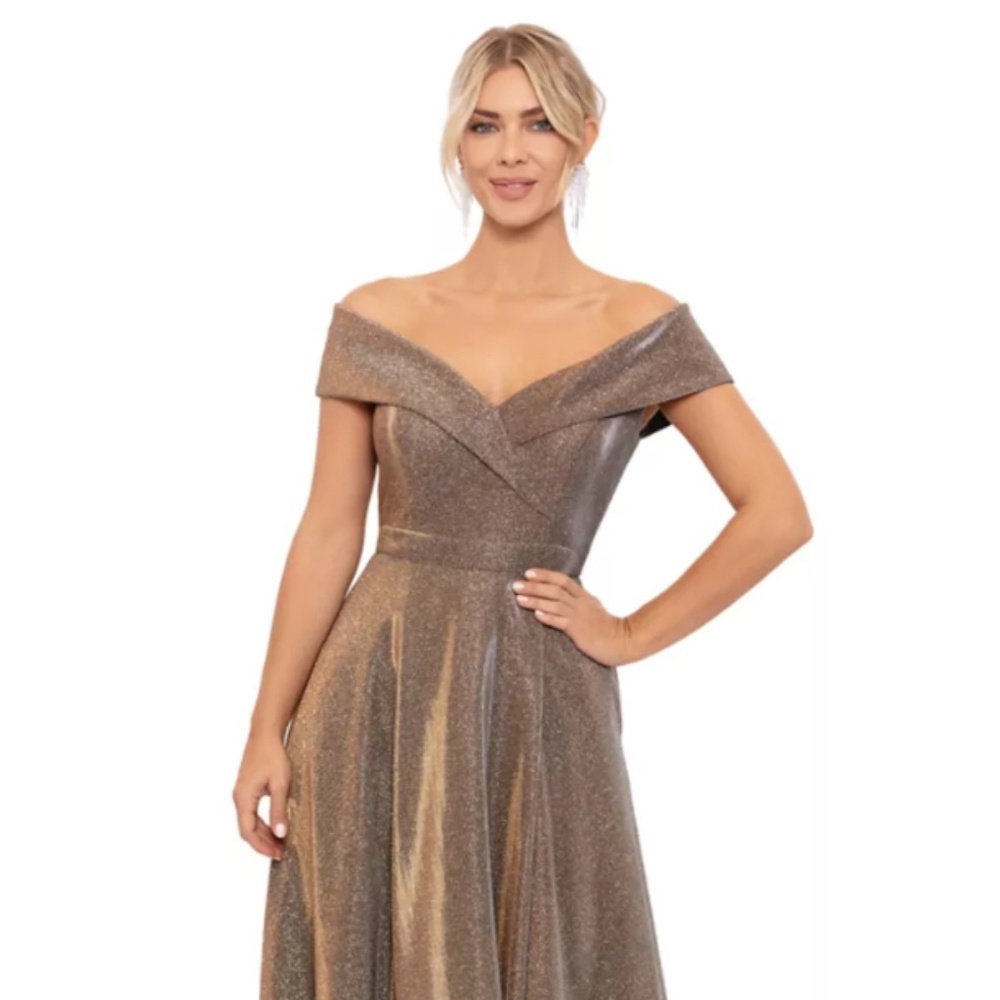 XSCAPE Women's Off the Shoulder Glitter Fit and Flare Gown